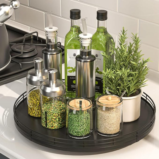 Oroyutor 13-Inch Oak Lazy Susan Spice Organizer, Black Finish | Rotating oak tray organizes spices, toiletries and decor on kitchen counters, bathroom vanities, dining and coffee tables. by Oroyutor