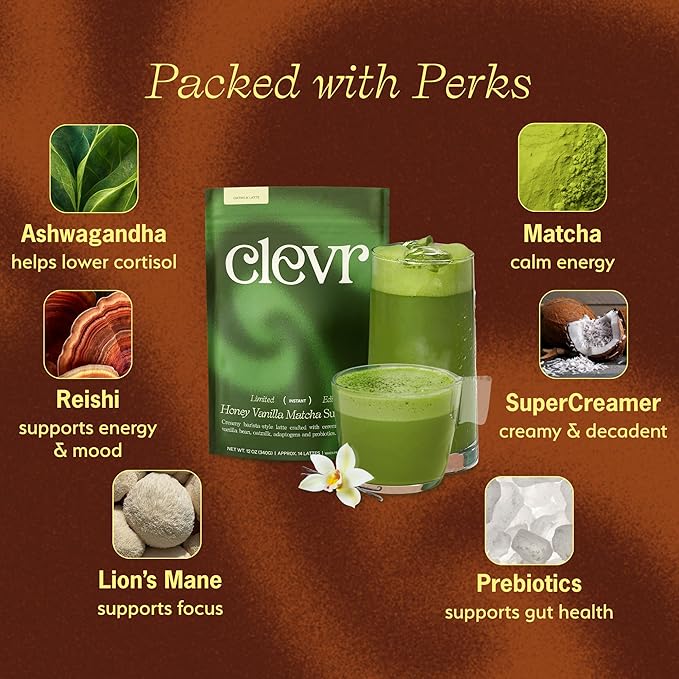 Clevr Blends Organic Honey Vanilla Matcha SuperLatte, Instant Ceremonial Grade, Superfood Powder Blend, Oat Milk, Lions Mane, Reishi Mushroom, Coconut Cream, Ashwagandha, Serve Hot or Iced (14 Lattes)
