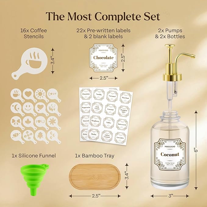 Glass Coffee Syrup Dispenser for Coffee Bar - Set of 2 Gold 500 ml / 16.9 oz Glass Syrup Bottles, Includes Bamboo Tray, 16 Stencils, Labels, Coffee Bar Accessories