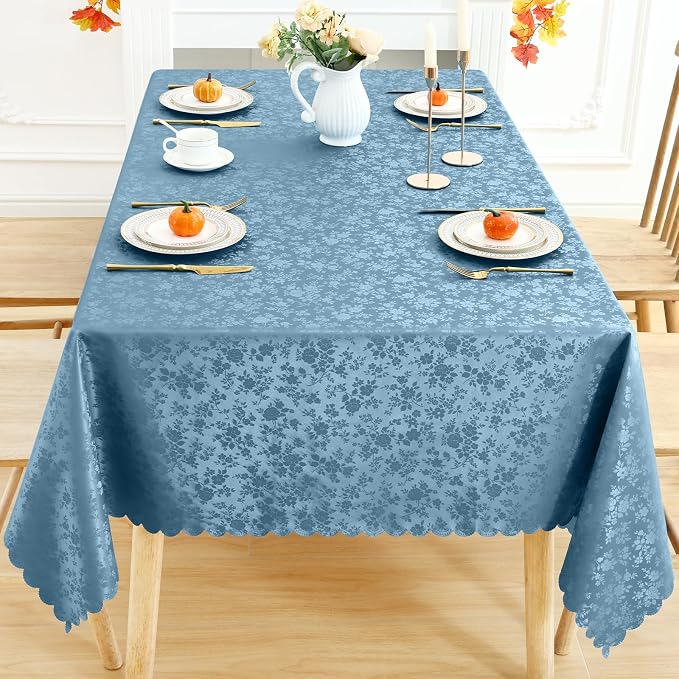 Smiry Rectangle Waterproof Heavy Duty Vinyl Tablecloths, 54 x 78 Inch | Wipeable Washable Floral Embossed Table Cover for Kitchen and Dining Room, Indoor & Outdoor Use, Stone Blue - Image 6