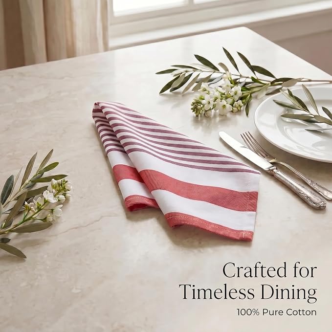 Urban Villa Cloth Napkins Cotton 20x20 (Set of 12) Garnet Red Stripes - Image 8