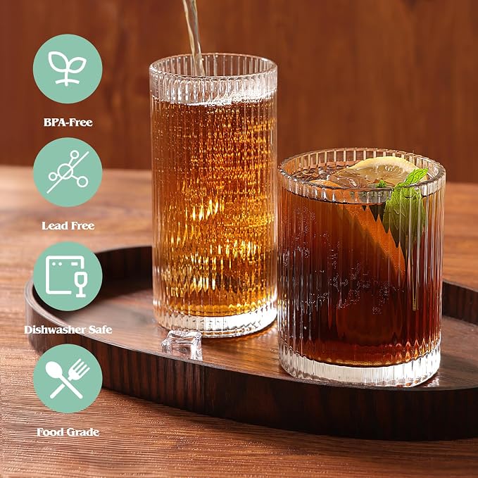 Moretoes Ribbed Drinking Glasses Set of 12,Water Glass Cups | Mixed Glassware Set,6 Highball Glasses 12 Oz, 6 Rocks Glass 13 Oz, Kitchen Bar Tumbler for Wine, Juice, Ice Coffee, Whiskey - Image 4