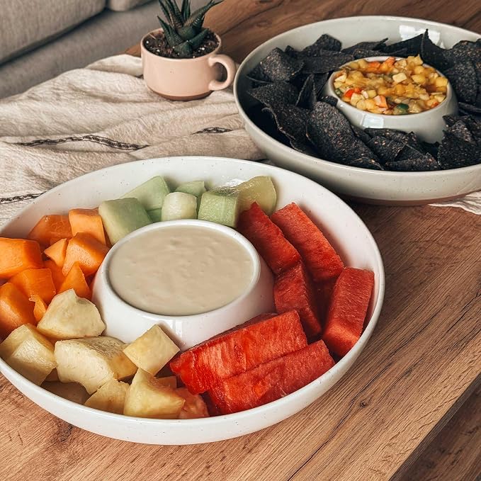 Mora Ceramic Chips and Dip Serving Tray: Large Divided Party Bowl Set for Chips & Salsa, Veggies & Dip, Fruit, Snacks, Entertaining, Hosting, etc. Minimalist Design for the Modern Hostess - White - Image 6