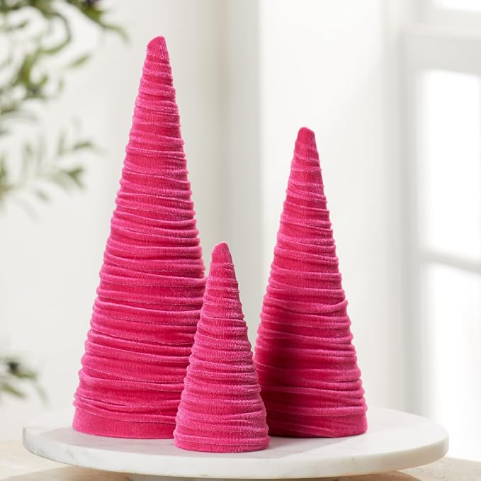 Your Heart's Content Hot Pink Velvet Trees Set of 3, Modern Artisan Mantel Accent, Coquette Room Decor, Romantic Aesthetic, Valentine Tabletop Tree, Cozy Gift for, Teen Girl Room (Hot Pink) - Image 2