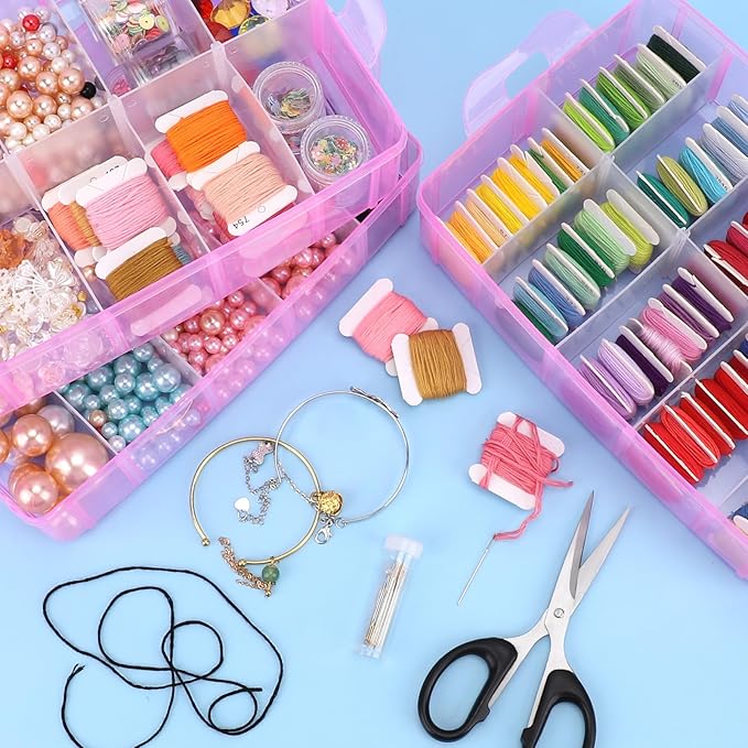 Large Stackable Craft Storage Containers, 3 Layers Hair Accessories Organizers Box with Adjustable Compartments, Plastic Bead Organizer Case for Art Supplies, Jewelry, Toys, Nail, Embroidery