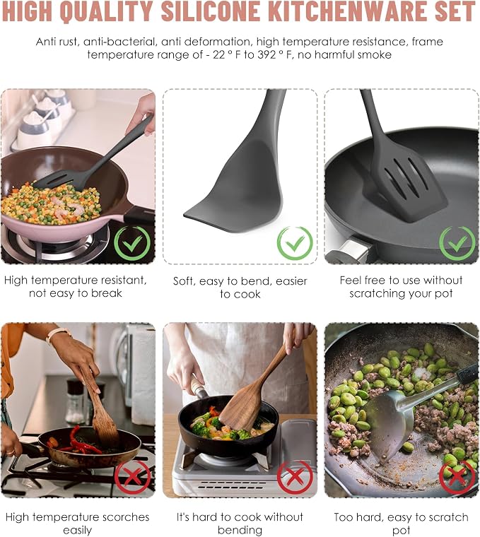 Gray Kitchen Utensils Set-12 Pieces Silicone Cooking Utensils Set | Dishwasher Safe 392°F Heat Resistant Spatula Set Kitchen Utensil Set for Nonstick Cookware,Best Kitchen Tools with Holder - Image 3
