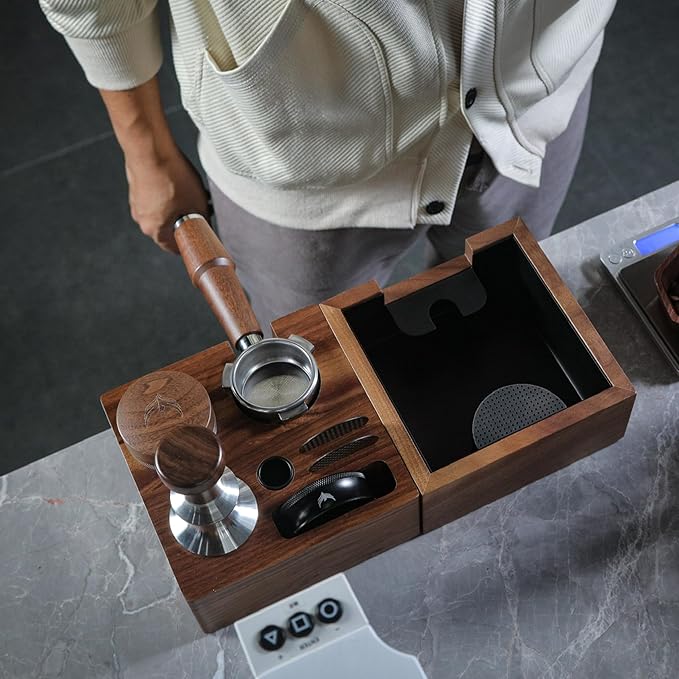58mm Espresso Tamping Kit Walnut Tamper Station and Knock Box for Coffee Grounds Disposal and Tool Organization