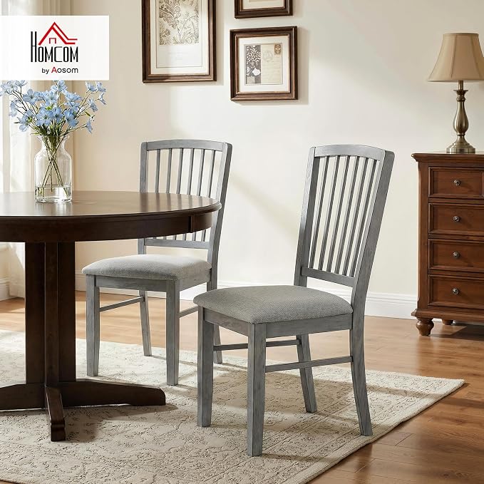HOMCOM Farmhouse Dining Chairs Set of 2 Rubberwood Legs, Rustic Gray | Upholstered Linen Fabric, Kitchen Chairs, for Kitchen, Dining Room - Image 3