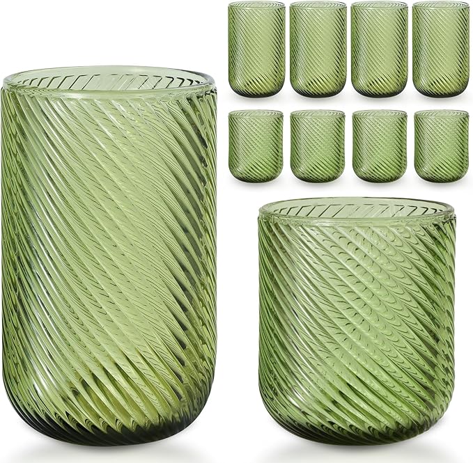 Set of 8 Ribbed Glassware,4 Highball Glasses 14oz & 4 Rocks Drinking Glasses 9oz, Origami Style, Fluted Design, for Milk, Water, Cocktail, Juice, Beer, ToothBrush Cup, Gif (Leaning Green) by WeirdUncle