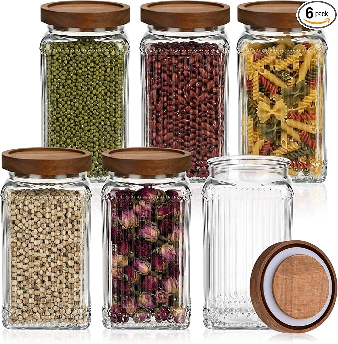 6 Pcs Vintage Glass Storage Jar with Lid 34 oz Glass Containers Stylish Ribbed Pattern Airtight Kitchen Jars Candy Jar for Food Cookies Candy Coffee Tea Beans Grains Storage by Ferrochef