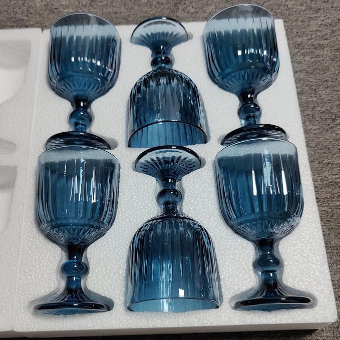 Taganov Blue Glasses Drinking Wine Water Goblets set of 6 Colored Stemware Vintage Glassware 11 ounce for Wedding Party Bar Vertical Embossed Pattern Stemmed Cups 330 ml - Image 2