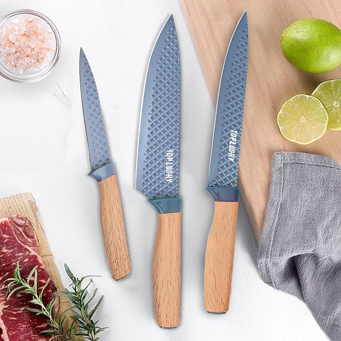Kitchen Knife Set, Retrosohoo 6-Pieces Blue Sharp Knife Set for Kitchen, Non-stick Non-slip Stainless Steel Chef Knife Set with Universal Knife Block Suitable for Home Restaurant (Dusty Blue) - Image 6