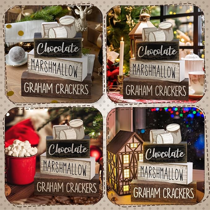 Moucuny 4 Pcs Christmas Table Decoration Wooden Marshmallow Chocolate Christmas Tiered Tray Decor Xmas Centerpiece Decorative Hot Cocoa Marshmallow Block Signs Gift Winter Decoration for Home Kitchen - Image 4