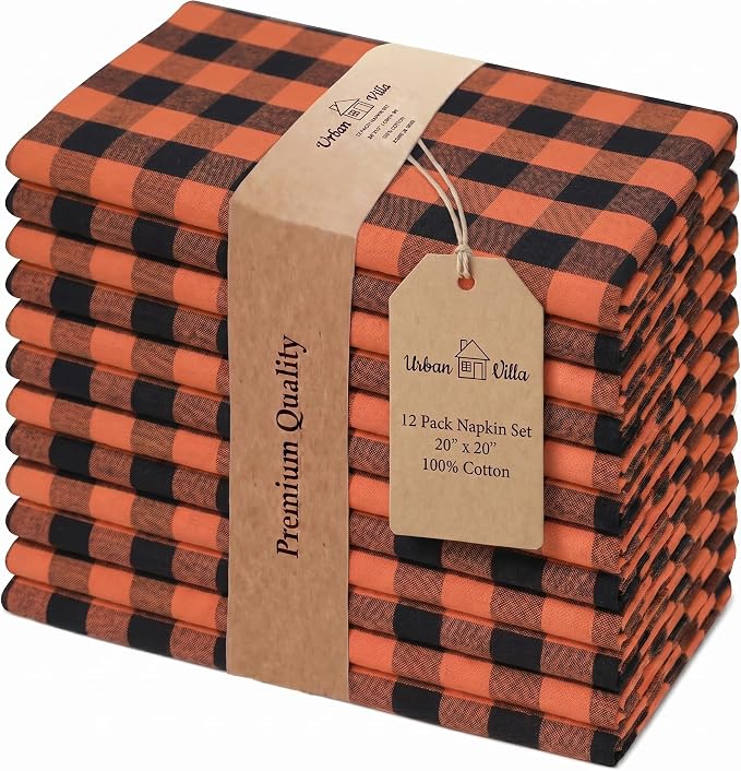 Urban Villa Cloth Napkins Cotton 12x12 (Set of 12) Orange/Black by CottonTrends