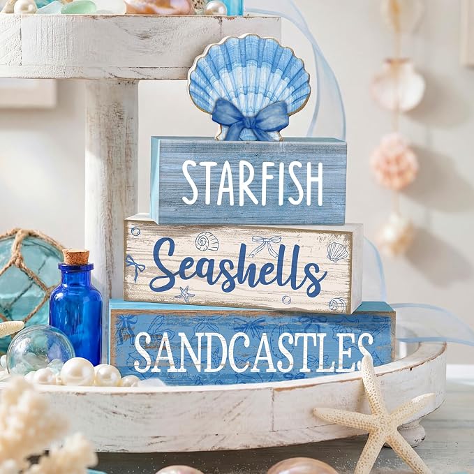 Moucuny 4 Pcs Nautical Beach Decor Shell Tiered Tray Decoration Blue Bow Table Centerpieces Summer Rustic Decorative Block Signs Gift Farmhouse Table Sign for Home Kitchen Shelf - Image 2
