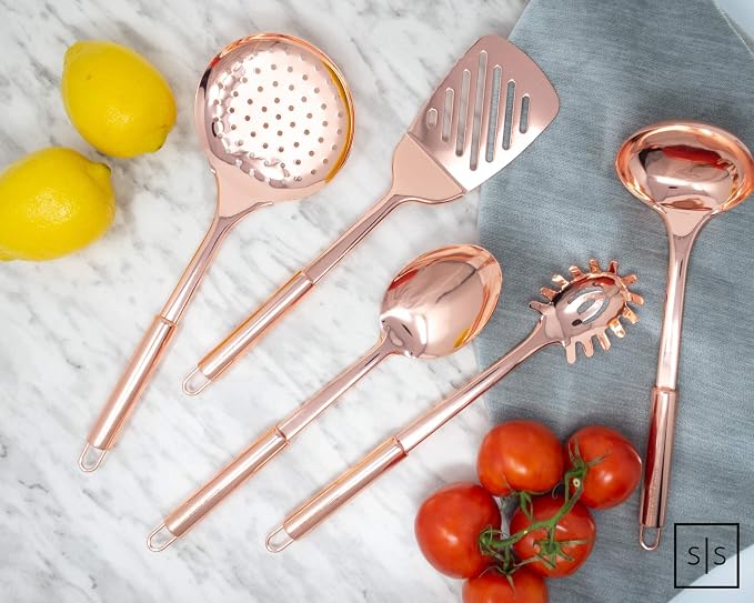 Styled Settings Copper Kitchen Utensils Set, 5-Piece | Copper Kitchen Accessories Includes Stainless Steel Ladle, Spoon, Pasta Fork, Spatula, and Skimmer - Unique Kitchen Gifts - Image 3