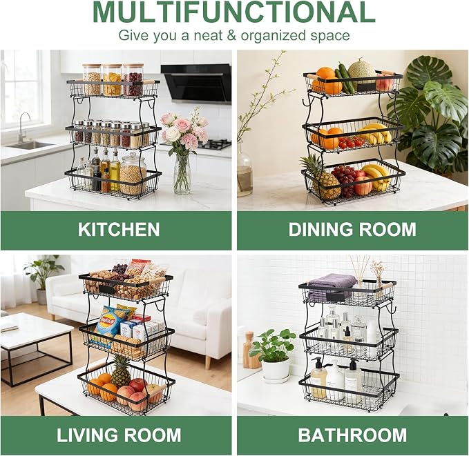3 Tier Fruit Basket with 2 Banana Hangers, Mesh Basket Fruits Stand Produce Holder Organizer for Onion Potato Bread Snack Veggie Black - Image 4