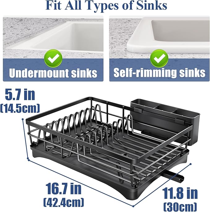SNTD Dish Drying Rack for Kitchen Counter, 11.8" W x 16.7" L, Black | Rustproof Stainless Steel, Large Capacity, Self-Draining Drainboard, Rotating Spout, Removable Utensil Holder - Image 5