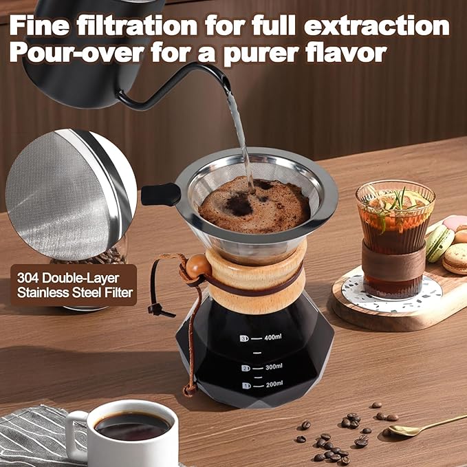 Pour Over Coffee Pot Set 400ml Features 304 Stainless Steel Filter Glass Coffee Pot with High Borosilicate Glass Duckbill Spout Design Solid Wood Handle Pour Over Coffee Drippers Daily Brewing