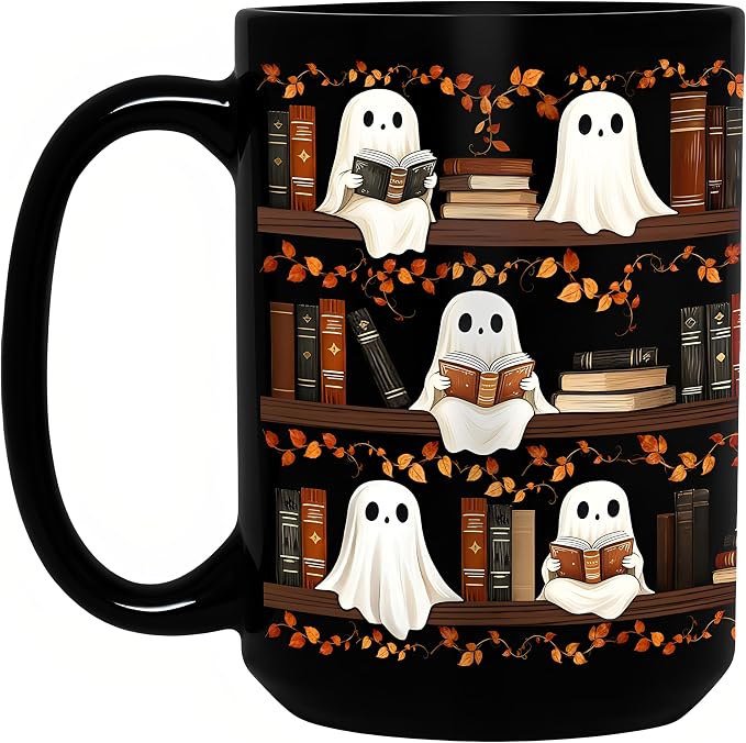 Halloween Ghost Reading Coffee Mug, Bookshelf Tea Cup, Black, 15oz | Ceramic, With Handle, Spooky Book Mug for Book Lovers & Readers, Novelty Festive Bookish Gift for Women, Friends, Coworkers - Image 2