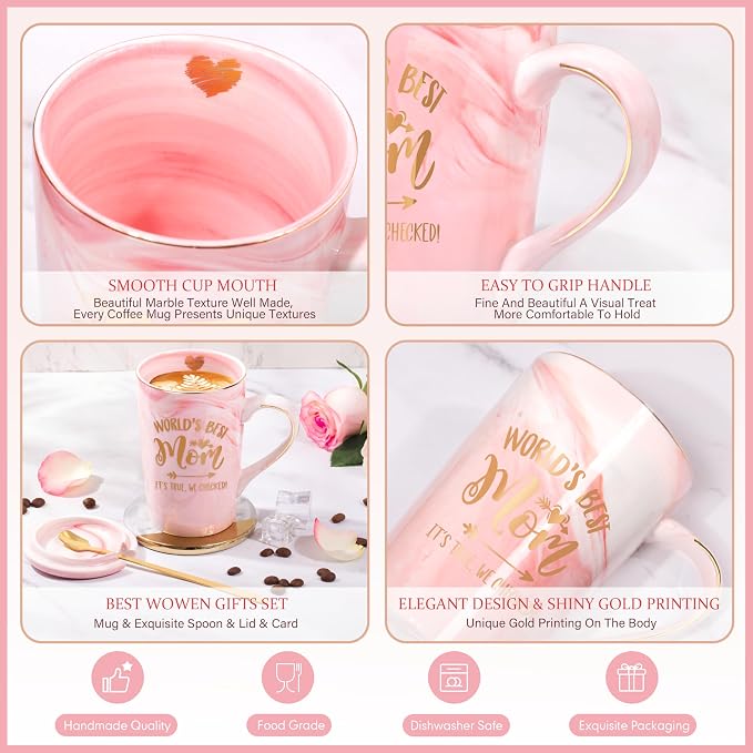 Mothers Day Birthday Gifts for Mom from Daughter Son Kids - 14Oz Funny Best Mom Mug with Gold Print, Unique Pink Marble Coffee Cup with Lid Spoon Greeting Card, Unique Moms Cup Gifts-Boxed Set - Image 6