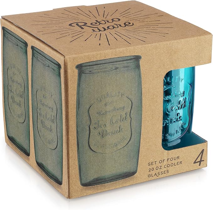 Glaver's Highball Glasses Set of 4 – 20oz Artistic Ice-Cold Pretty Blue – Vintage Glassware with Embossed Logo – Beverage Drinking Glasses for Water, Juice, Cocktails. Hand Wash. - Image 5