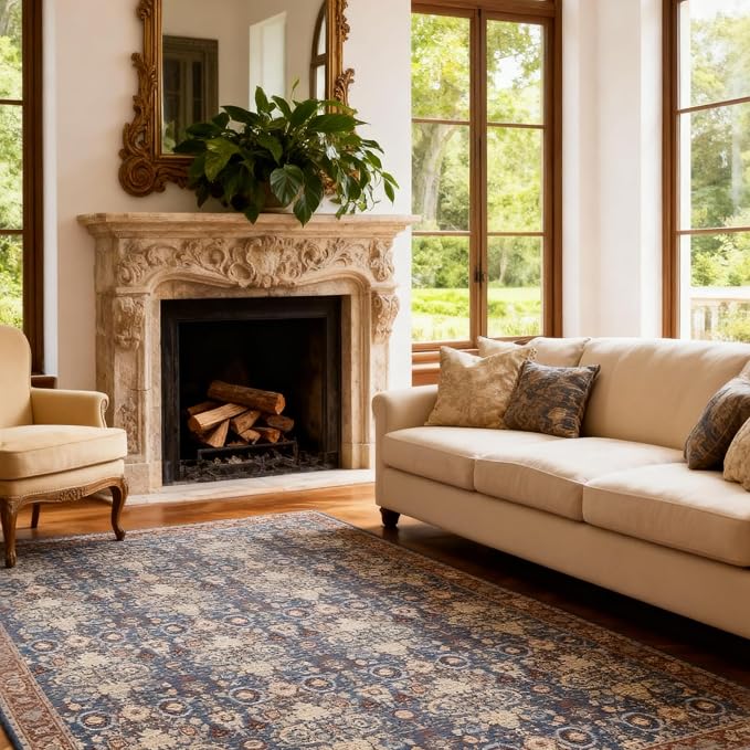 5x7 Area Rug, Machine Washable Living Room Rug - Non-Slip Low Pile Accent Rug for Bedroom, Pet Friendly, Modern Vintage Geometric Design - Image 3