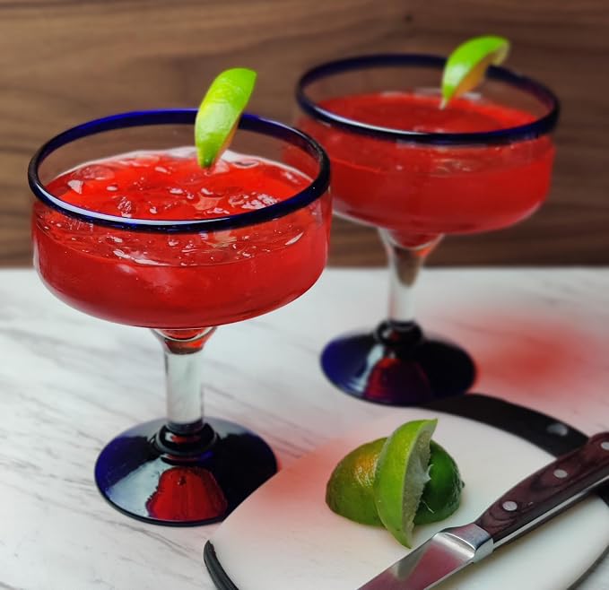 Dos Sueños Mexican Hand Blown Glass - Set of 4 Hand Blown Margarita Glasses - Cobalt Blue Rim (16 oz) - Image 5