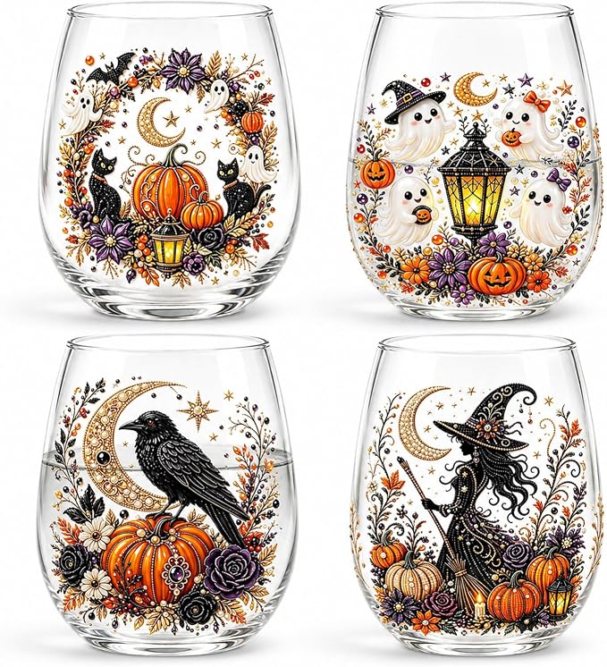 3D Halloween Autumn Glass Art Cup,Stemless Holiday Glassware Collection | Fantasy Fall Witch Wine Glasses,Holiday Printed Table Ornaments,Magical Halloween Home Decor Gifts for Various Beverages - Image 8