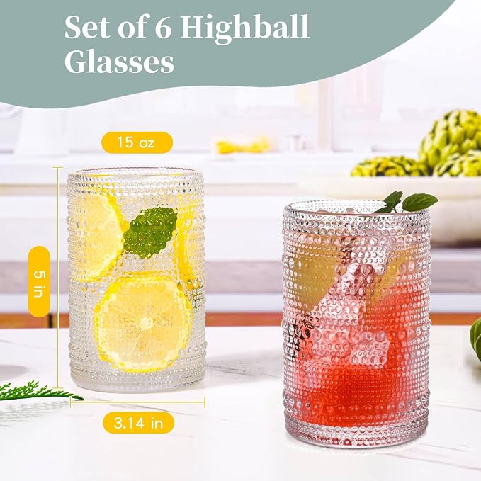 Vintage Hobnail Drinking Glasses Set of 6,15 oz Highball Glasses,Water Glasses Cups,Kitchen Glasses for Cocktail,Iced Coffee,Beer,Ice Tea,Wine,Whiskey,Water - Image 3