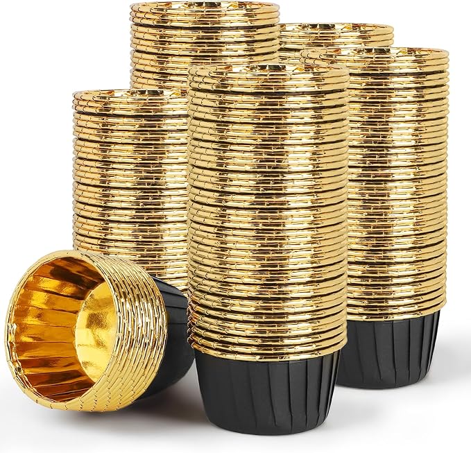 EUSOAR Baking Cups, 200pcs 3.5oz Aluminum Muffin Cupcake Liners Mini Cheesecakes Cups, Disposable Ramekins Foil Dessert Wrappers Paper Cupcake Liners Holder for Birthday Wedding Party-Black/Gold by EUSOAR