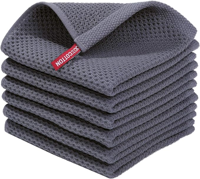 Homaxy 100% Cotton Waffle Weave Kitchen Dish Cloths 6-Pack, Dark Grey | 12 x 12 Inches, Ultra Soft Absorbent Dish Towels, Quick Drying Dish Rags with Hanging Loop by Homaxy