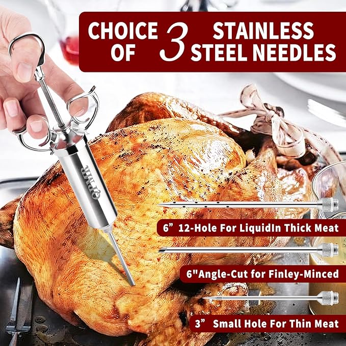 Meat Injector Syringe Kit, 2-oz Large Capacity Marinade Turkey Injector with 3pcs Stainless Steel Marinade Injector Needles for BBQ Grill Smoker & Turkey & Brisket