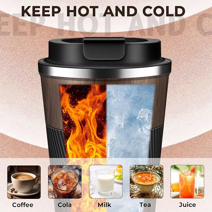 Insulated Coffee Tumbler 12 oz, Stainless Steel Coffee Mug with Lids, Travel Coffee Mug Leak Proof, Double Wall Vacuum Insulated Reusable Coffee Cup, Keep Drinks Hot and Cold (Wood, 12 Ounces) - Image 5