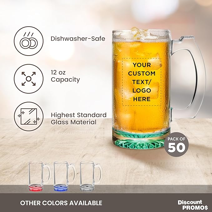 50 Libbey Beer Mugs Set, 12 oz. - Customizable Text, Logo - Groomsmen Glassware - Green