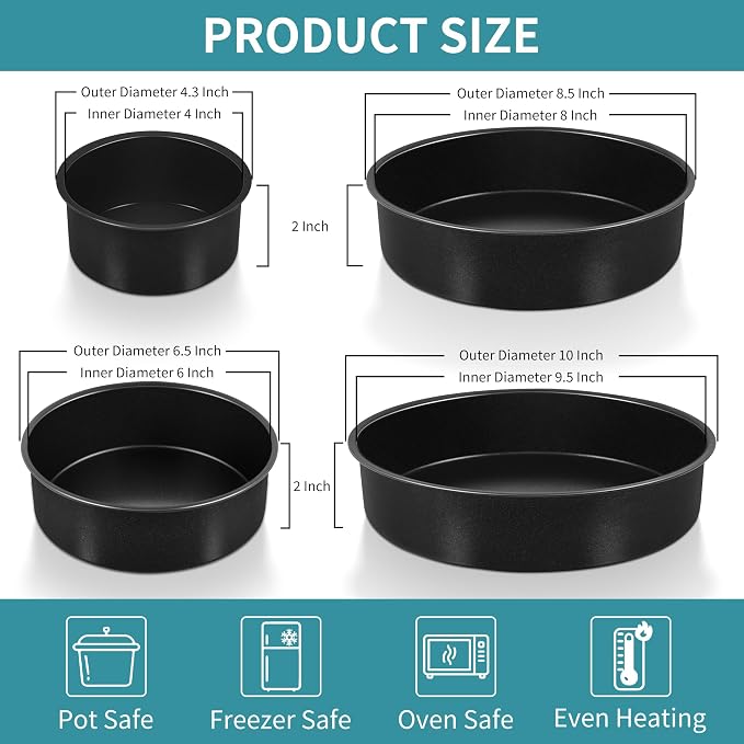 P&P CHEF 4/6/8/9.5 Inch Cake Pan Set, Non-stick Baking Pans for Cake, 4Pcs | Round Cake Baking Tins for Tier Smash Cakes, Bread, Non-Toxic & Solid, Stainless Steel Core & Leak-Proof, Black - Image 2