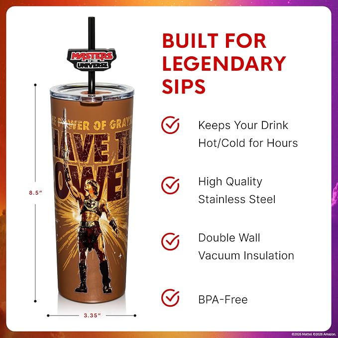 Dragon Glassware x Masters of the Universe Tumbler, 24oz - I Have the Power | Vacuum Insulated Stainless Steel Tumbler with Straw & Lid; With Straw Topper; Official Masters of the Universe 2026 Movie Cup - Image 3