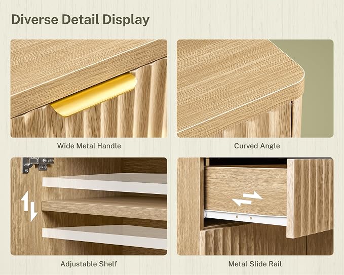 63" Fluted Buffet Sideboard Cabinet with Storage, Buffet Table Coffee Bar Wine Bar Storage Cabinet with Adjustable Shelf for Living Room, Kitchen, Natural - Image 8