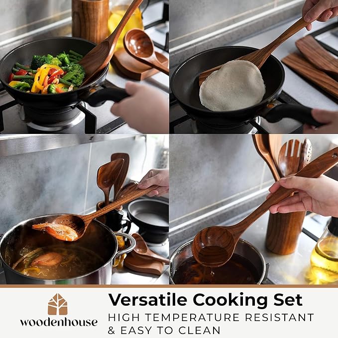 Wooden Spoons for Cooking, 12 Pcs Teak Utensil Set with Holder & Hooks | Includes Spoon Rest for Storage – Heat Resistant, Durable & Nonstick Safe Kitchen Cookware - Image 7