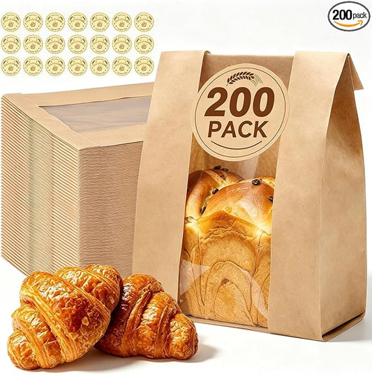 200 PCS Bread Bags for Homemade Bread, Clear Window Sourdough Bags | Bakery Paper Bags for Cookie and Snack Storage, Loaf Packaging, Sourdough Bread Bags Includes 225 Sealing Stickers by Muuruu