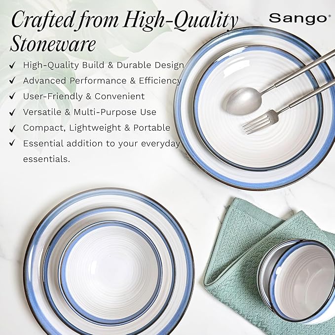 Sango Siterra Santorini 16-Piece Stoneware Dinnerware Set for 4, Ceramic White Plates and Bowls Sets with Blue Rim & Reactive Glaze, Chip Resistant Dish Set, Microwave & Dishwasher Safe Kitchen Dishes - Image 3