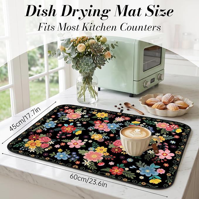 Tropical Floral Dish Drying Mat for Kitchen Counter Coffee Bar 18x24 in | Decorative Non Slip Absorbent Kitchen Dishes Drainer Mat, with Anti-slip Rubber Backing & Hanging Loop, for Sink, Home Decor - Image 2