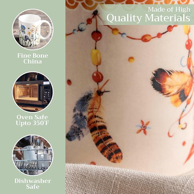 Maison d' Hermine Coffee Mug with Handles Tea Cups (15 Ounce, Pack of 1) | Fine Bone China Coffee Mugs for Hot Beverages Cappuccino Latte Home Restaurant Hotel Spring Summer -Ibiza - Beige - Feather - Image 3