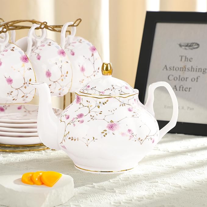 fanquare 21-Piece Gold Vine Floral Porcelain Tea Sets with Sugar Bowl Creamer Teacups, English Bone China Tea Service for Women TeaParty Family Gathering Home Décor | Porcelain Tea Service with Sugar Bowl Creamer Teacups for Women TeaParty Family Gathe... - Image 5