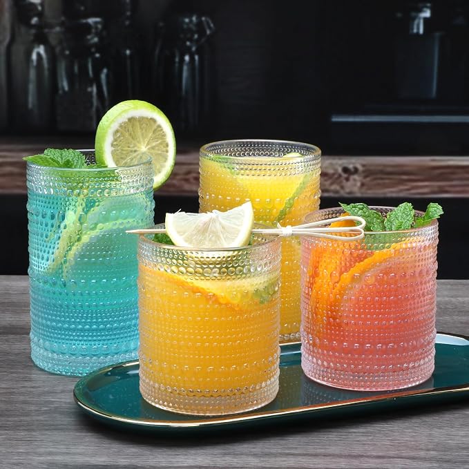 Hobnail Drinking Glasses, Tumbler Glassware, Set of 12 | 10 oz Cocktail Glasses & 12 oz Highball Glasses, Glass Cups for Whiskey, Juice, Home, Bar & Kitchen, Dishwasher Safe - Image 4