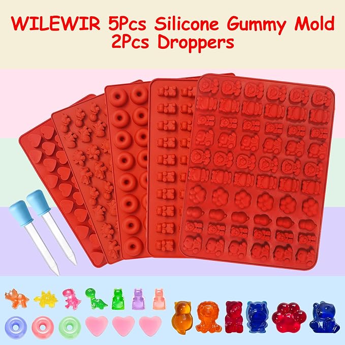 Gummy Bear Mold Silicone for Gummies Candy,5Pcs Safari Jungle Theme Gummy and Chocolate Molds Silicone for Kids Including Mini Bear, Dinosaur, Lion, Tiger, Cat, Rhinoceros, Groundhog, Hearts