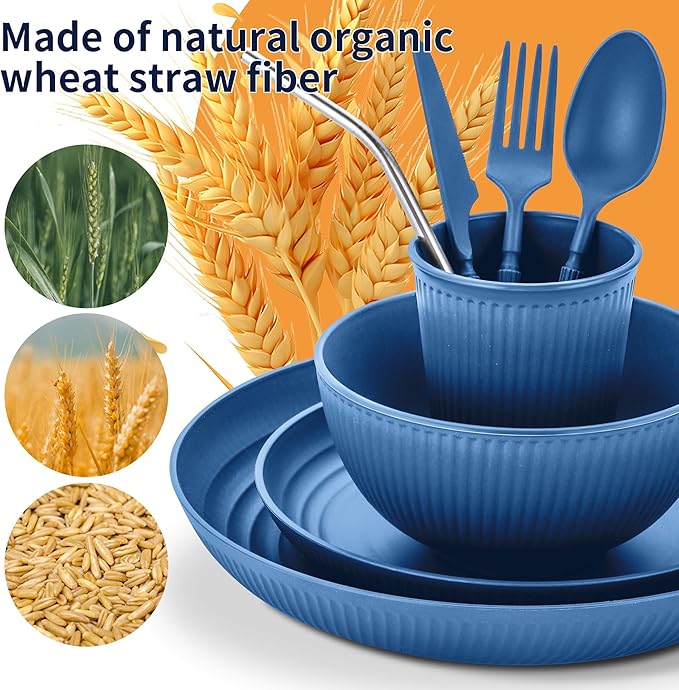 Wheat Straw Dinnerware Sets,64-Piece Plates and Bowls Sets for 8-Unbreakable,Reusable Plastic Dish Set-Dinner Plate/Dessert Plate/Cereal Bowl/Cup/Utensils-Microwave Dishwasher Safe 64P-Oecan Resort - Image 4