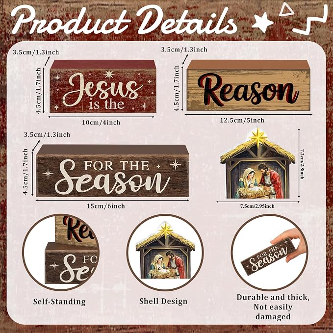 Moucuny 4 Pcs Christmas Table Decoration Christian Wooden Stacked Block, Jesus is the Reason for the Season Signs with Nativity Scene, Rustic Religious Christmas Tiered Tray Decor for Home Church - Image 3