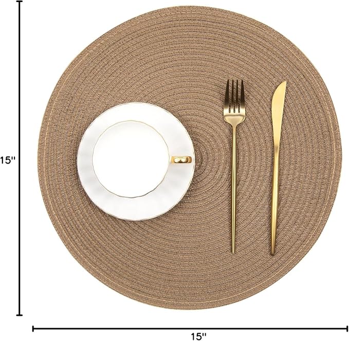 SHACOS Round Braided Placemats Set of 6 Washable Cotton Polyester 15 inch Round Table Place Mat for Dining Table (Brown, 6) - Image 2