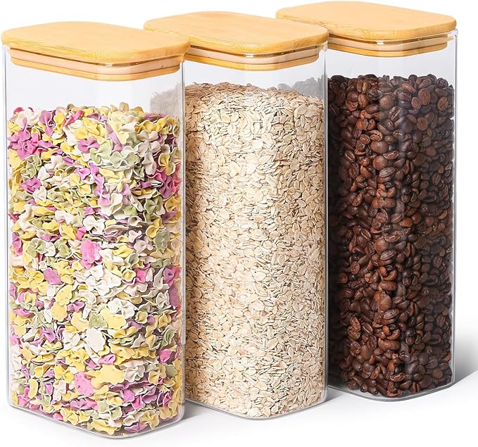 ComSaf Glass Storage Containers With Lids 2 Qt, Set of 3 Cereal Containers | Pantry Storage Container, Rectangle Jar, Glass Cereal Dispenser, Kitchen Canisters, Dry Food, Flour, Sugar, 64oz, BPA Free by ComSaf